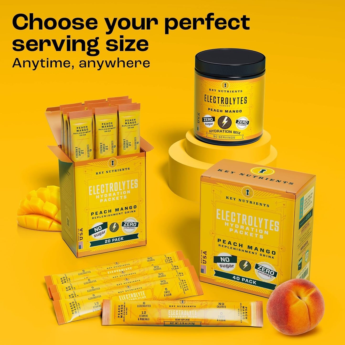 Electrolytes Powder Packets - Tropical Peach Mango 20 Pack Hydration Packets - Travel Hydration Powder - No Sugar, No Calories, Gluten Free - Made in USA