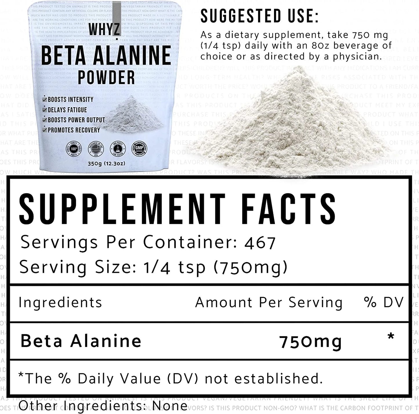 Beta Alanine Powder, Promotes Recovery, 350G, 467 Servings