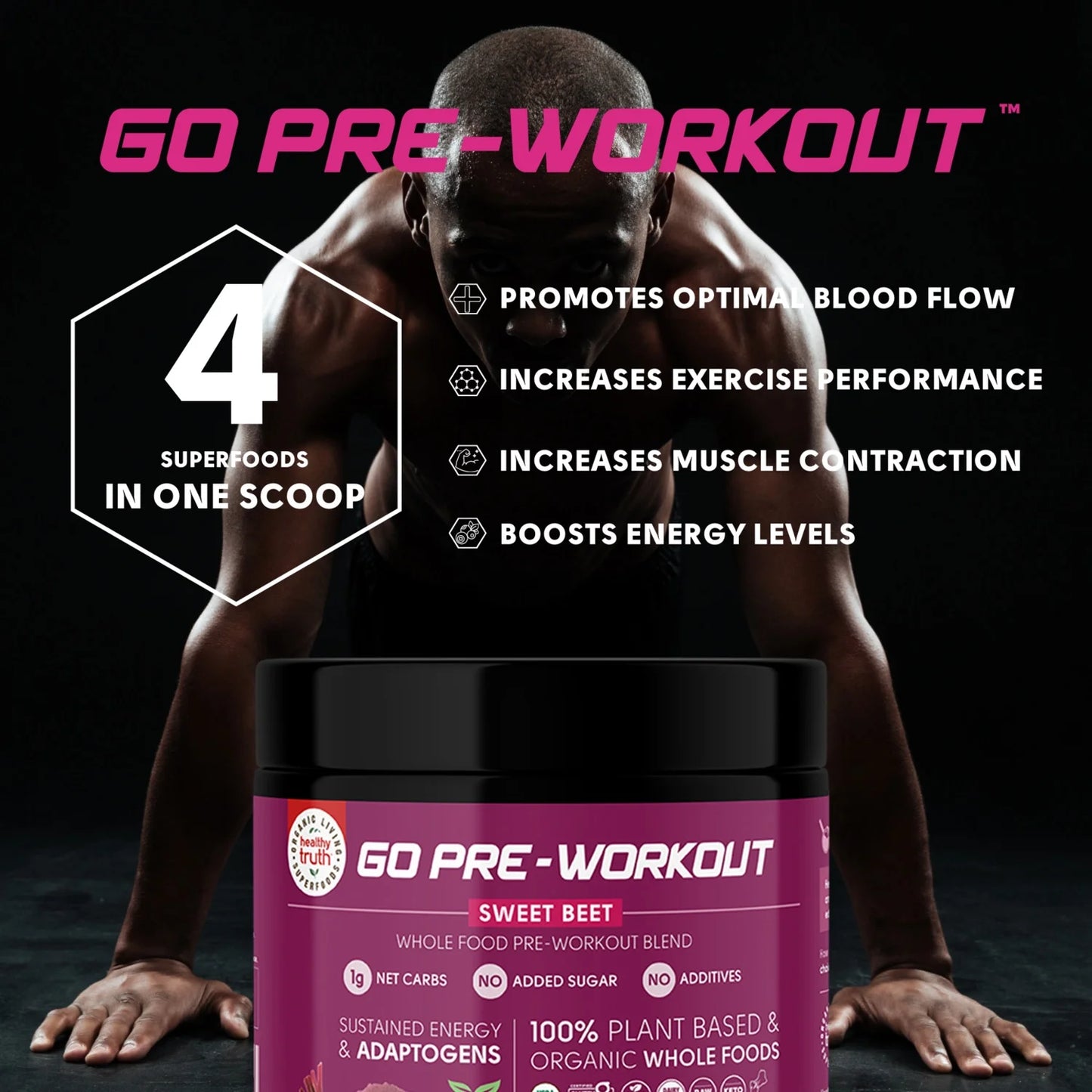 Go Pre-Workout Sweet Beet - Wholefood Pre-Workout Blend for Clean Sustained Energy with Adaptogens, 13.75 Oz