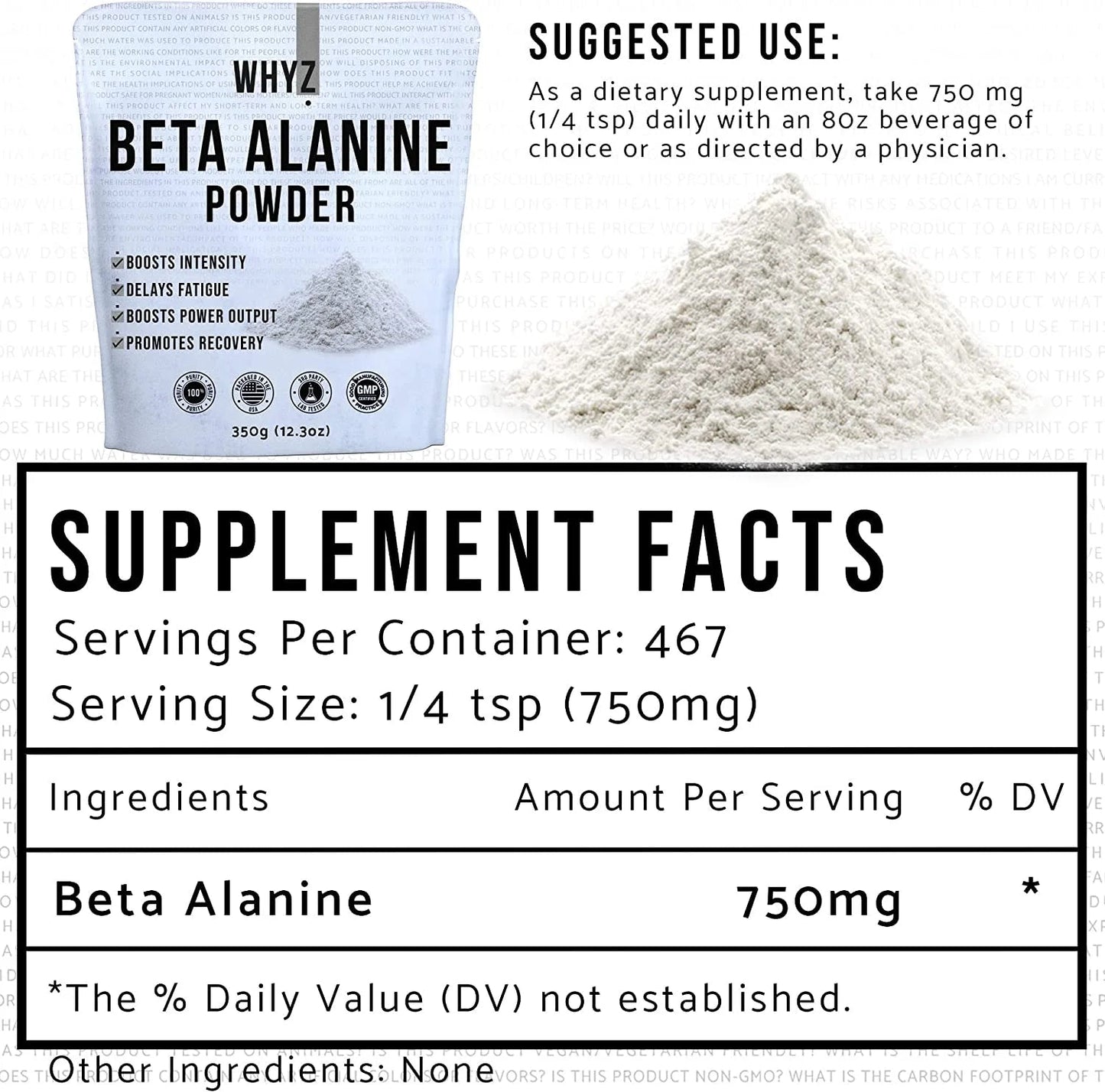 Beta Alanine Powder, Promotes Recovery, 350G, 467 ServingsBeta Alanine Powder, Promotes Recovery, 350G, 467 Servings