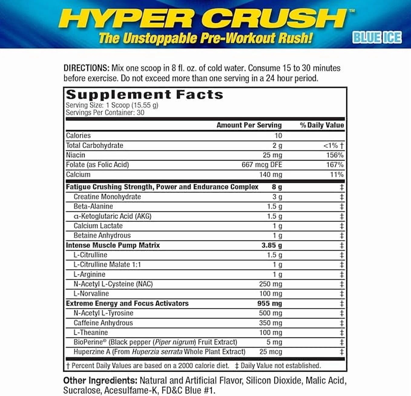 Hyper Crush Pre - Workout Powder – Energy, Pumps & Fatigue Support – 3 G Creatine, Citrulline, 350 Mg Caffeine – Blue Ice, 30 ServingsHyper Crush Pre - Workout Powder – Energy, Pumps & Fatigue Support – 3 G Creatine, Citrulline, 350 Mg Caffeine – Blue Ice, 30 Servings