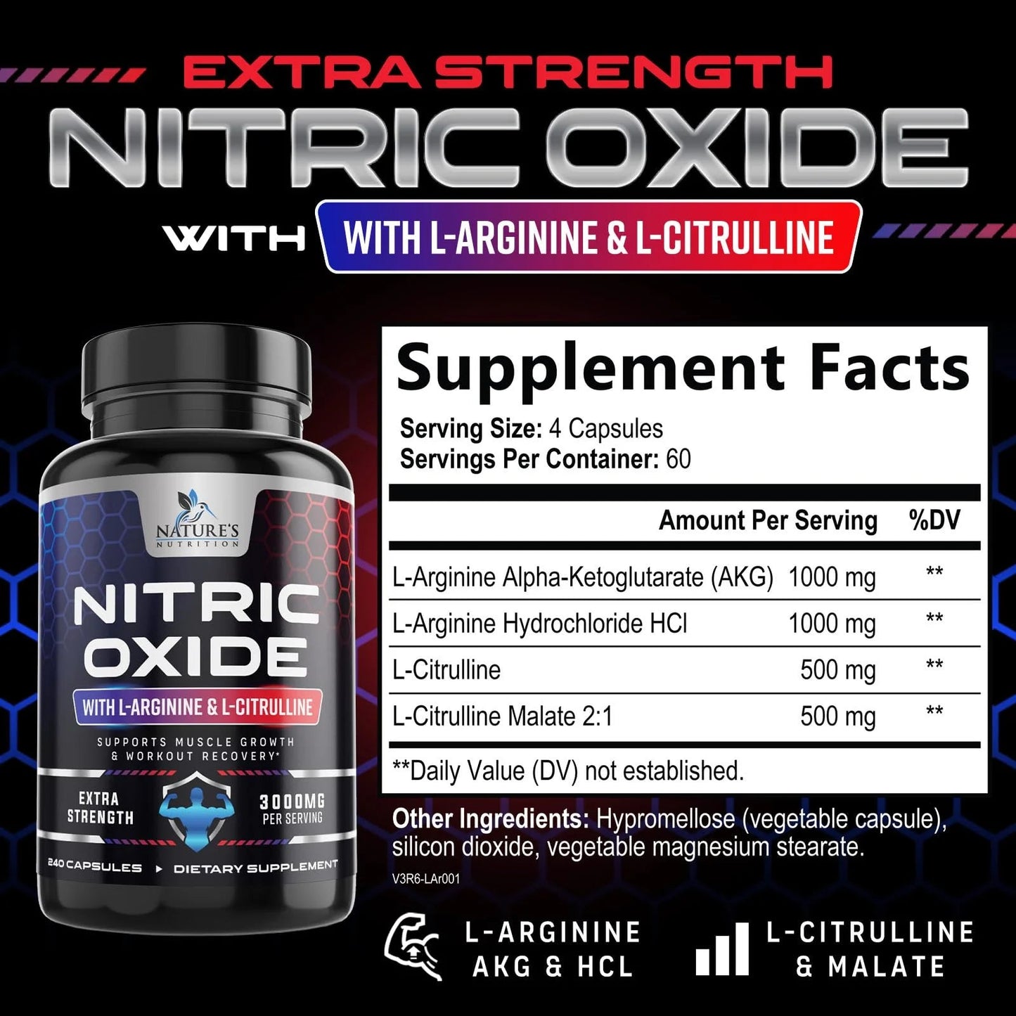 Nitric Oxide Booster Extra Strength 3000Mg - L Arginine 3X Strength Nitric Oxide Supplements for Men and Women, Citrulline, Supports Muscle, Heart Health & Energy Supplement, Non - Gmo - 240 CapsulesNitric Oxide Booster Extra Strength 3000Mg - L Arginine 3X Strength Nitric Oxide Supplements for Men and Women, Citrulline, Supports Muscle, Heart Health & Energy Supplement, Non - Gmo - 240 Capsules