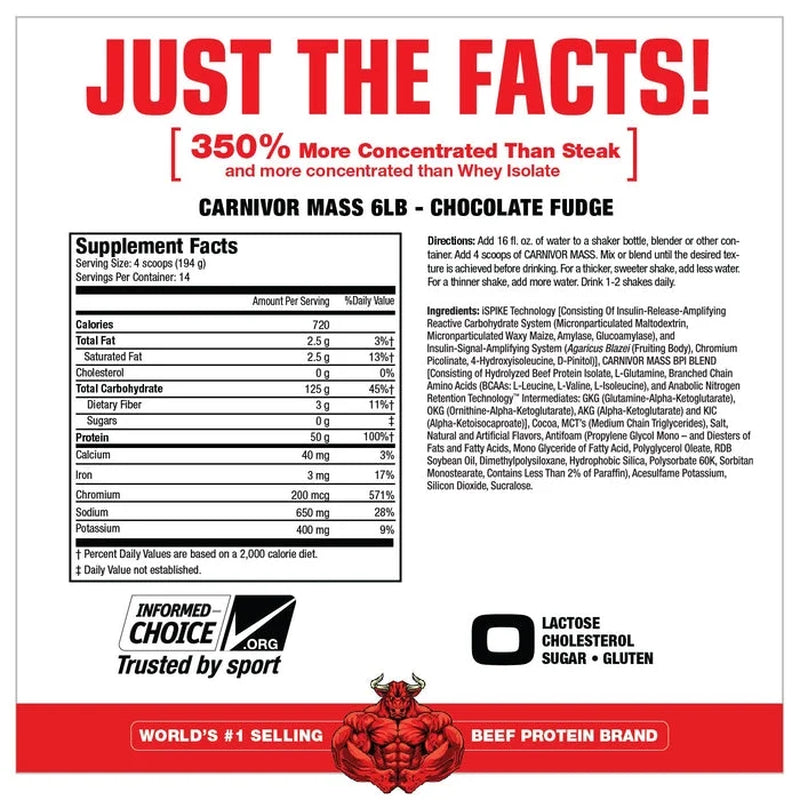 Carnivor Mass Gainer – 50G Beef Protein Isolate & 125G Reactive Carbs – 0 Sugar/Fat/Lactose – Ispike™ Anabolic Gainer, Chocolate Fudge, 6 Lb