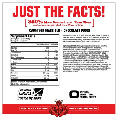 Carnivor Mass Gainer – 50G Beef Protein Isolate & 125G Reactive Carbs – 0 Sugar/Fat/Lactose – Ispike™ Anabolic Gainer, Chocolate Fudge, 6 Lb