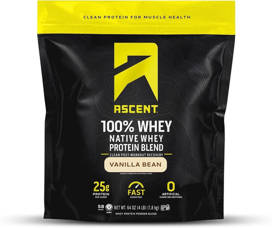 100% Whey, Native Whey Protein Blend - Clean Post Workout Recovery, Digesting, Zero Artificial Flavors & Sweeteners, Gluten Free, 5.5G BCAA, 2.6G Leucine, Vanilla Bean 4 Lb.