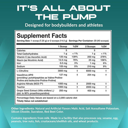 Vaso Blast, Cherry Lime Flavor, Stimulant-Free Pre Workout for Men & Women with Grapeseed Extract, Arginine Nitrite, & Vasodrive-Ap for Max Pump (20 Servings)