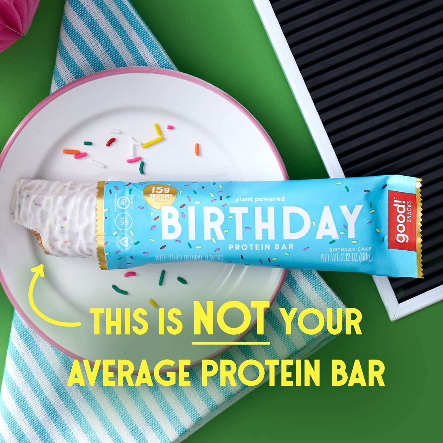 Snacks Birthday Cake Vegan Protein Bar, Soy & Gluten Free, Plant Based, Low Sugar, 15G Clean Protein, Natural Healthy Superfood Snack, Kosher Friendly, for Athletes & Active Lifestyles, 12 Bars