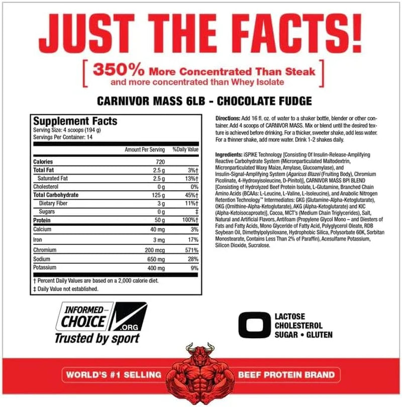 Carnivor Mass Gainer – 50G Beef Protein Isolate & 125G Reactive Carbs – 0 Sugar/Fat/Lactose – Ispike™ Anabolic Gainer, Chocolate Fudge, 6 Lb