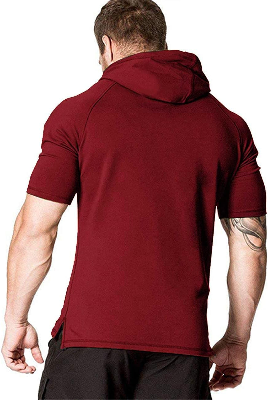 Men'S Short Sleeve Hoodie Workout Gym Sweatshirt Muscle Fit Fashion Athletic Hoodies Pullover Cotton Hooded T-Shirts