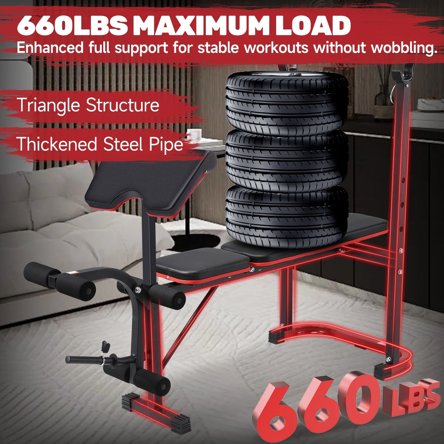 5-In-1 Weight Bench with Squat Rack, 660LBS Workout Bench Press Set with Preacher Curl Pad and Leg Developer, Adjustable Weight Bench for Home Gym Full-Body Workout Equipment