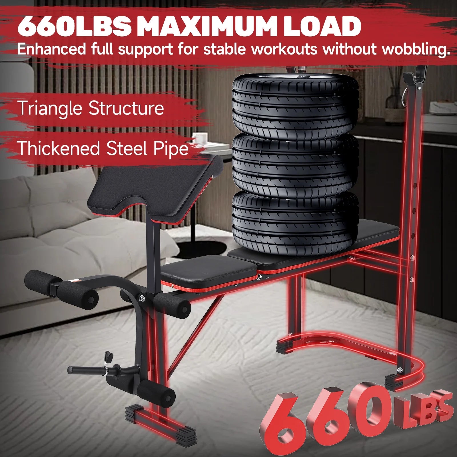 5-In-1 Weight Bench with Squat Rack, 660LBS Workout Bench Press Set with Preacher Curl Pad and Leg Developer, Adjustable Weight Bench for Home Gym Full-Body Workout Equipment