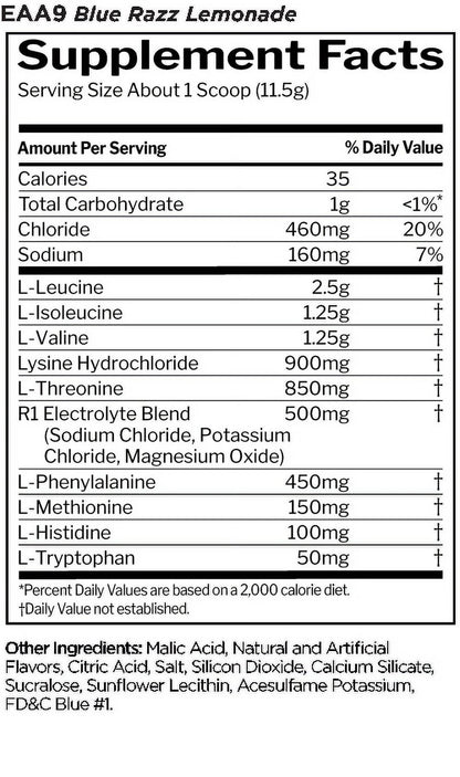 RULE 1 Essential Amino 9 30 Serv Blue Razz Lemonade Amino Acids Hydration 345G