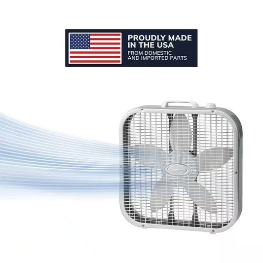 20 In. 3 Speed Air Circulating Box Fan for Home in White with save Smart Technology, 1820 CFM and Carry Handle20 In. 3 Speed Air Circulating Box Fan for Home in White with save Smart Technology, 1820 CFM and Carry Handle