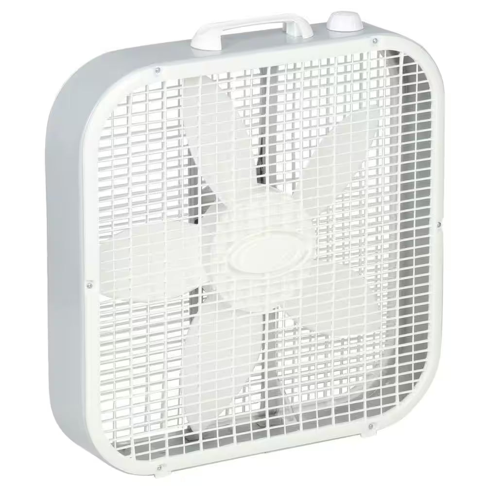 20 In. 3 Speed Box Fan in White for Bedrooms, Living Rooms, Garages with save Smart Technology, 1800 CFM, Carry Handle20 In. 3 Speed Box Fan in White for Bedrooms, Living Rooms, Garages with save Smart Technology, 1800 CFM, Carry Handle