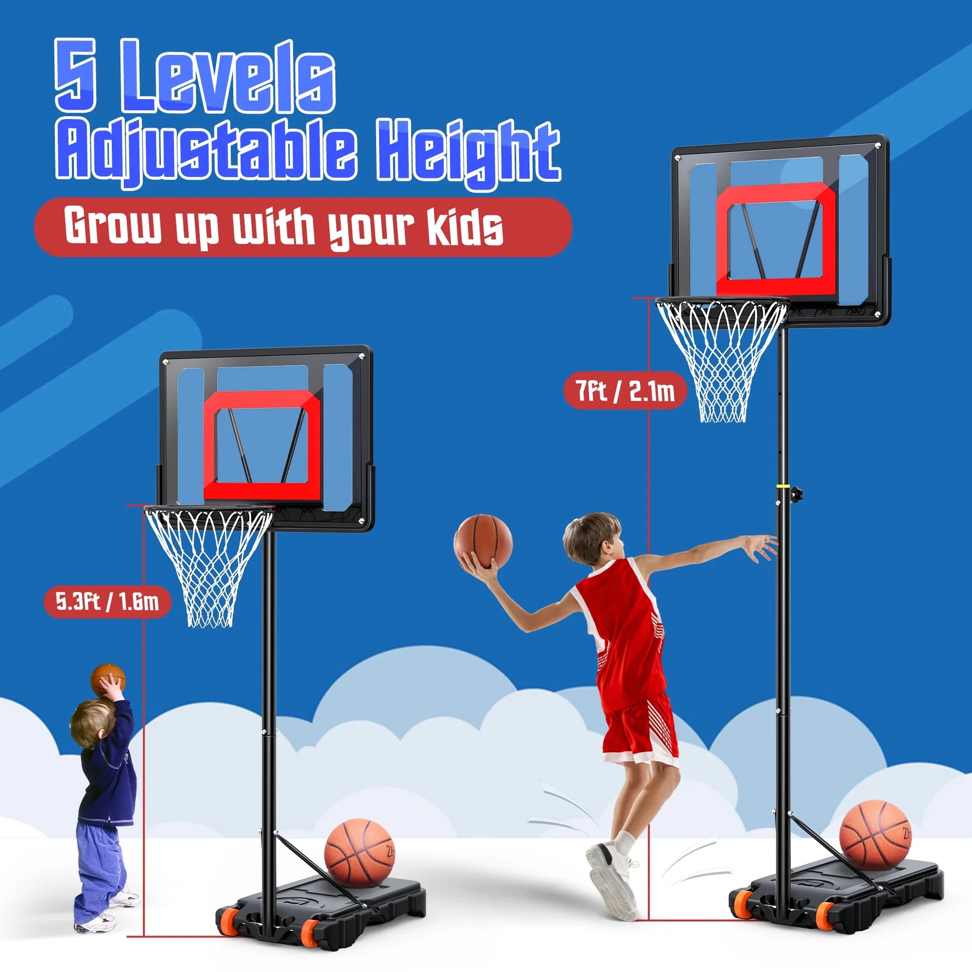 Portable Basketball Hoop Outdoor, 5Ft-7Ft Height Adjustable Basketball Goal System with Wheels for Kids Teenagers Youth Indoor Outdoor