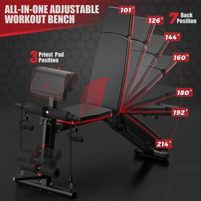 7 Positions Adjustable Weight Bench,With Extended Headrest and Leg Extension,Foldable Workout Olympic Weight Bench Press for Full Body Strength Training,Maximum Weight 770 Lbs.