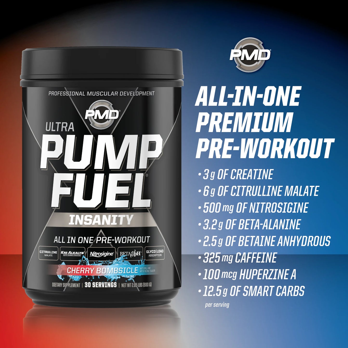 Sports Ultra Pump Fuel Insanity - Pre Workout Drink Mix for Energy, Strength, Endurance, Muscle Pumps and Recovery - Complex Carbohydrates and Amino Energy - Cherry Bombsicle (30 Servings)