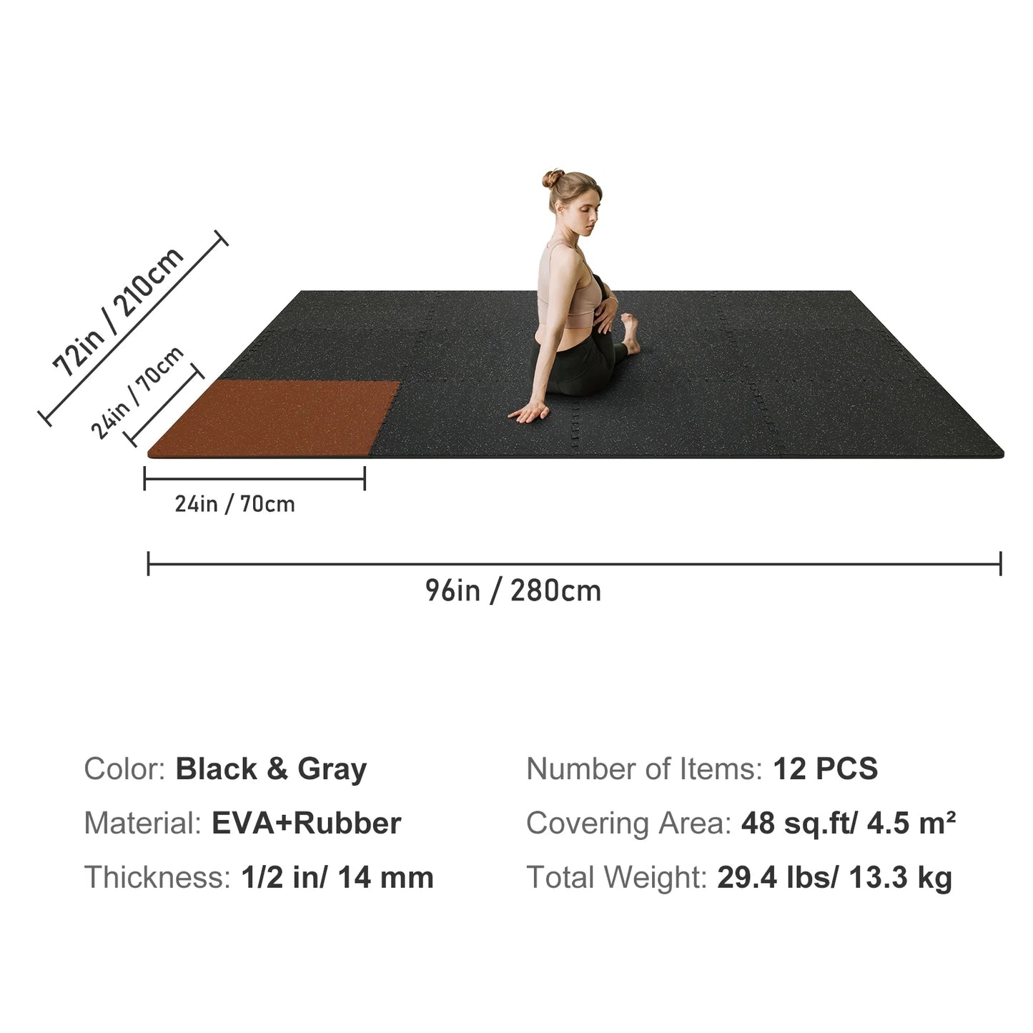 12 Pieces 1/2 Inch Thick Gym Floor Mats, 24" X 24" EVA Foam and Rubber Surface Interlocking Gym Floor Mats, Waterproof Puzzle Flooring, Covers 48 Sq Ft