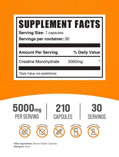 Bulksupplements Creatine Monohydrate Capsules - Creatine Supplement - Gluten Free, 7 Capsules per Serving (5000Mg), 210 Count