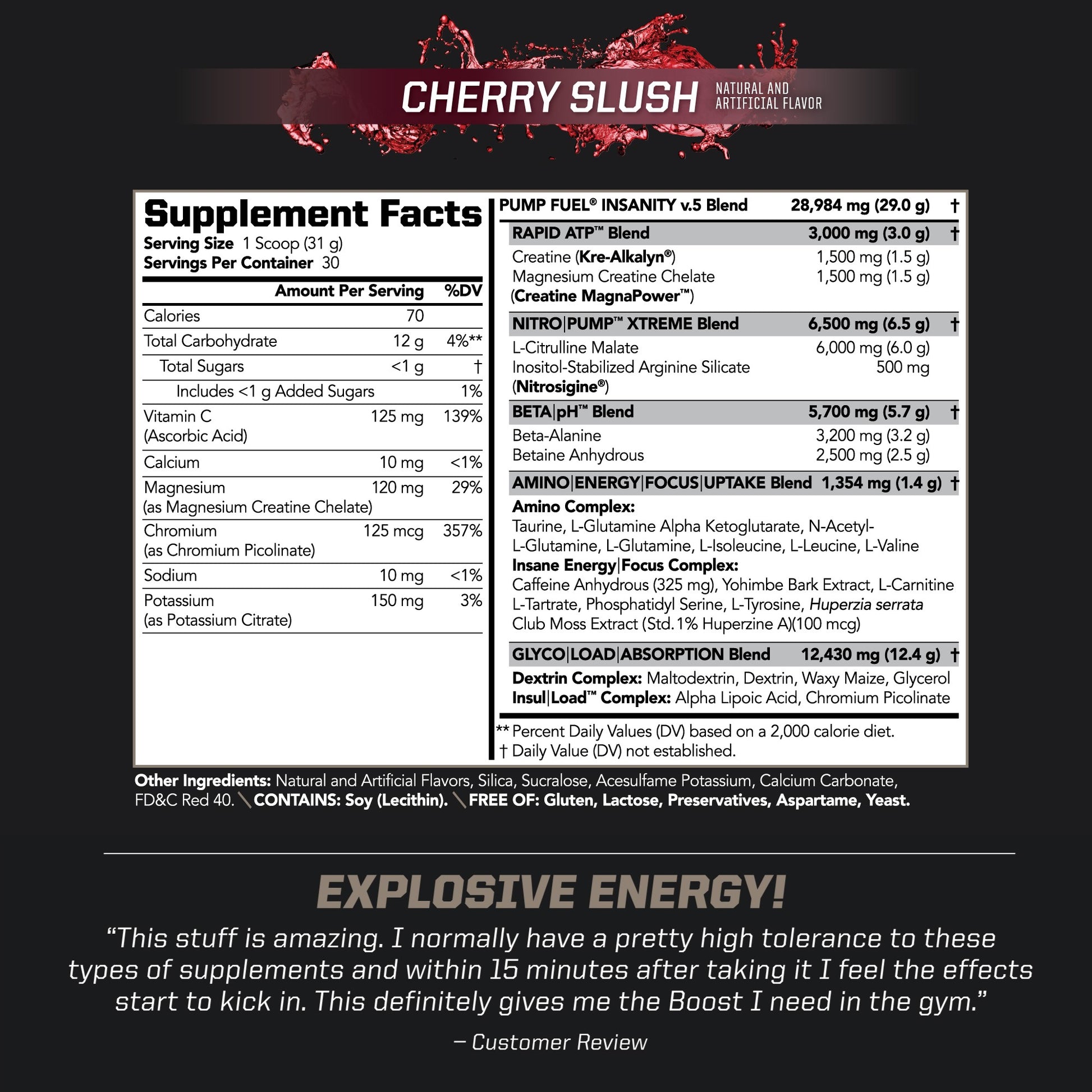 Sports Ultra Pump Fuel Insanity - Pre Workout Drink Mix for Energy, Strength, Endurance, Muscle Pumps and Recovery - Complex Carbohydrates and Amino Energy - Cherry Slush (30 Servings)