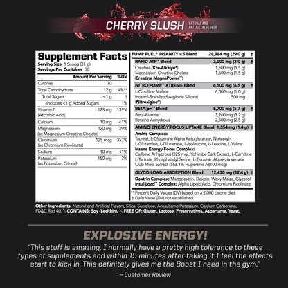 Sports Ultra Pump Fuel Insanity - Pre Workout Drink Mix for Energy, Strength, Endurance, Muscle Pumps and Recovery - Complex Carbohydrates and Amino Energy - Cherry Slush (30 Servings)