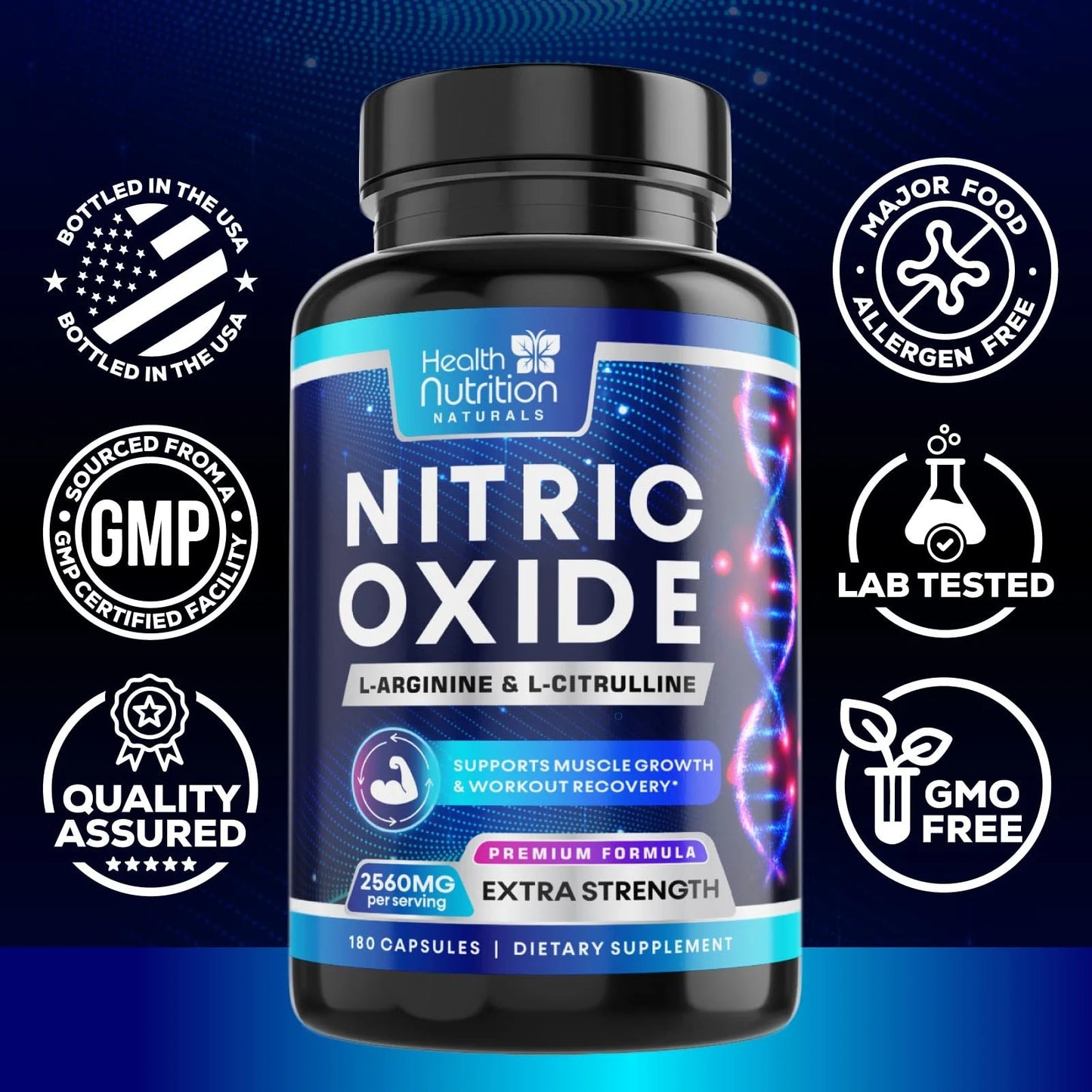 Extra Strength Nitric Oxide Supplement 3X Strength L Arginine, Citrulline Malate, AAKG, Beta Alanine - Premium Muscle Supporting Nitric Booster - Natural Energy & Heart Health Support - 180 Capsules