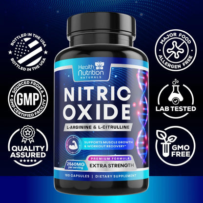 Extra Strength Nitric Oxide Supplement 3X Strength L Arginine, Citrulline Malate, AAKG, Beta Alanine - Premium Muscle Supporting Nitric Booster - Natural Energy & Heart Health Support - 180 Capsules