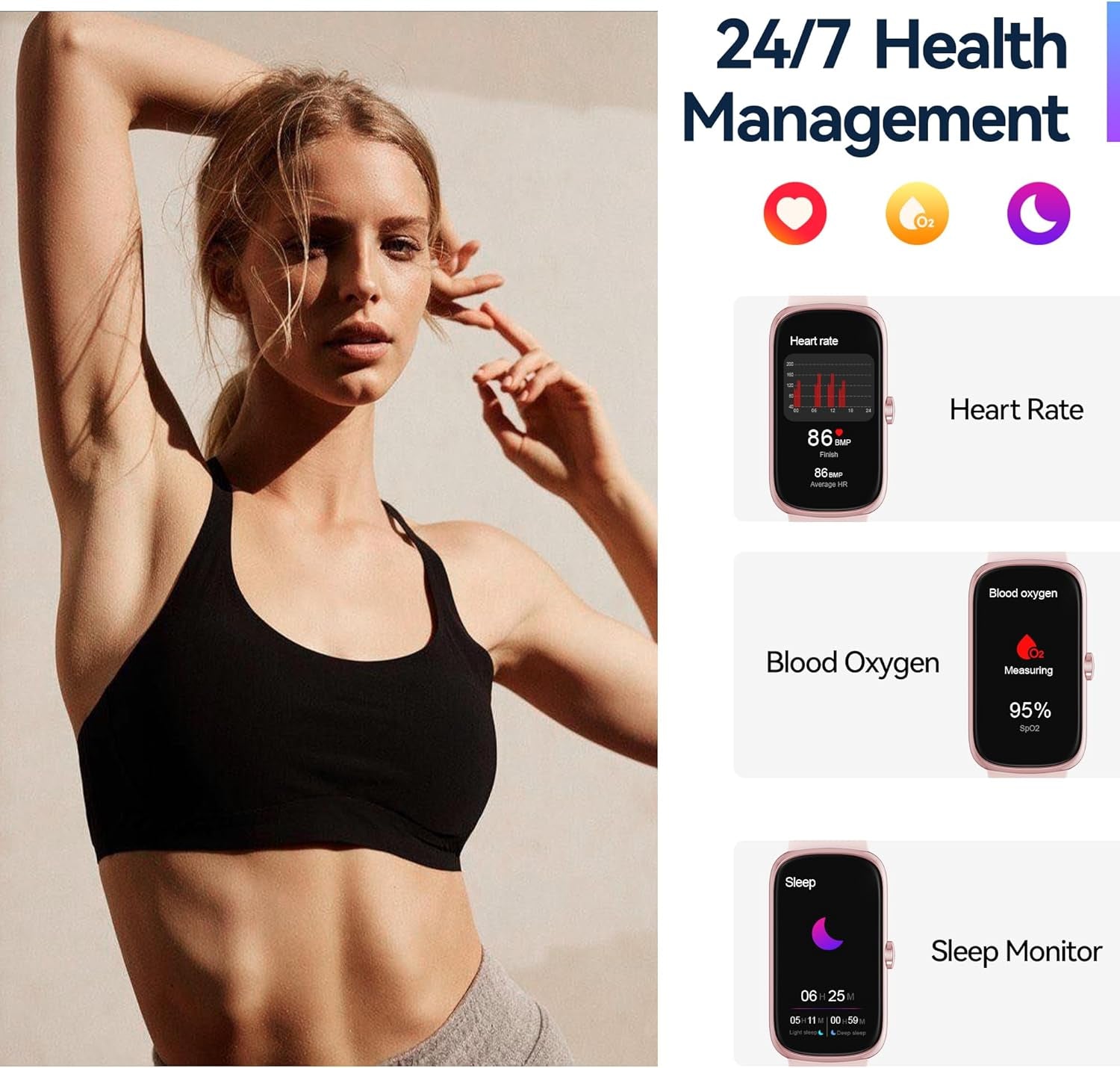Health Fitness Tracker, 24/7 Heart Rate/Spo2/Sleep Monitor, Activity Trackers & Smart Watches with Step Calorie Counter Pedometer, 21-Day Battery, IP68 Waterproof Fitness Watches for Women Men