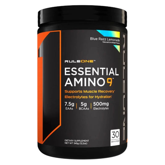 RULE 1 Essential Amino 9 30 Serv Blue Razz Lemonade Amino Acids Hydration 345G