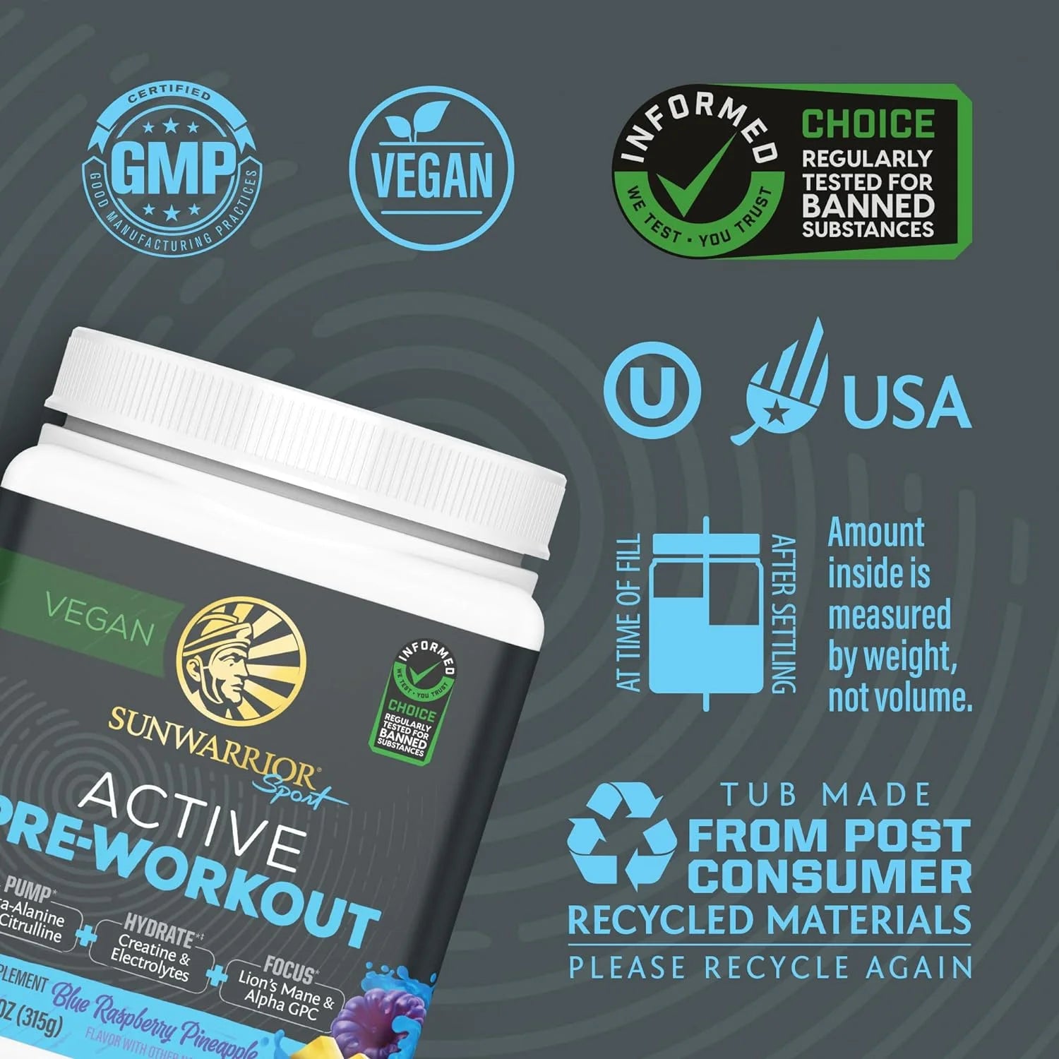 Active Pre-Workout Powder for Men & Women, Raspberry Pineapple, 315G (30 Servings)