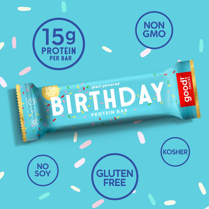 Snacks Birthday Cake Vegan Protein Bar, Soy & Gluten Free, Plant Based, Low Sugar, 15G Clean Protein, Natural Healthy Superfood Snack, Kosher Friendly, for Athletes & Active Lifestyles, 12 Bars