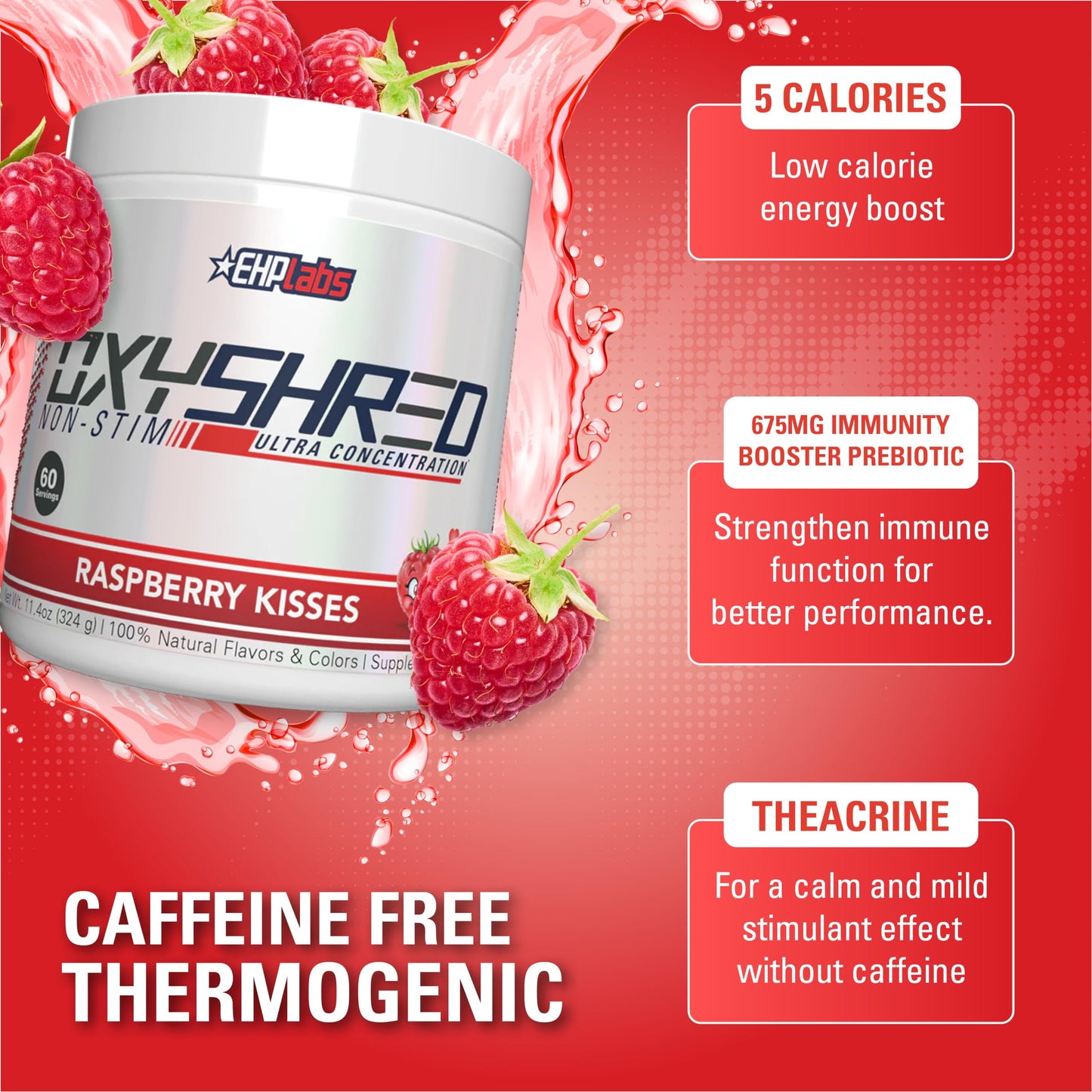 Oxyshred Non Stimulant Pre Workout Powder - Stim Free, Caffeine Free Preworkout for Men & Women - Non Stim Preworkout - Sugar Free Energy Powder - Raspberry, 60 Servings