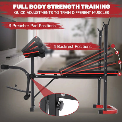 5-In-1 Weight Bench with Squat Rack, 660LBS Workout Bench Press Set with Preacher Curl Pad and Leg Developer, Adjustable Weight Bench for Home Gym Full-Body Workout Equipment