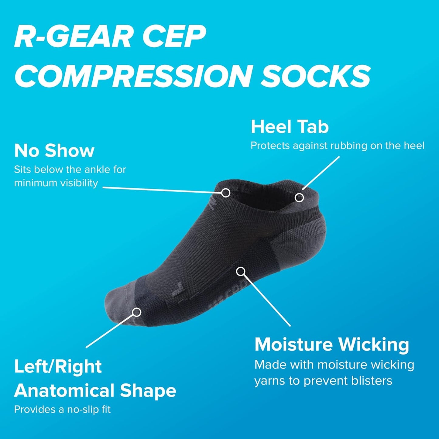 R-Gear CEP Compression Running Socks for Men, No Show, Heel Tab | Breathable, Maintain Blood Circulation | 3 Pack