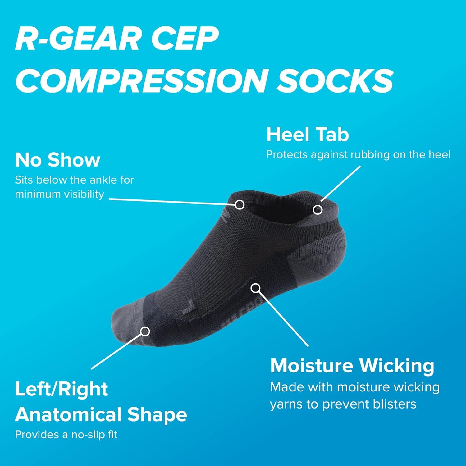 R-Gear CEP Compression Running Socks for Men, No Show, Heel Tab | Breathable, Maintain Blood Circulation | 3 Pack