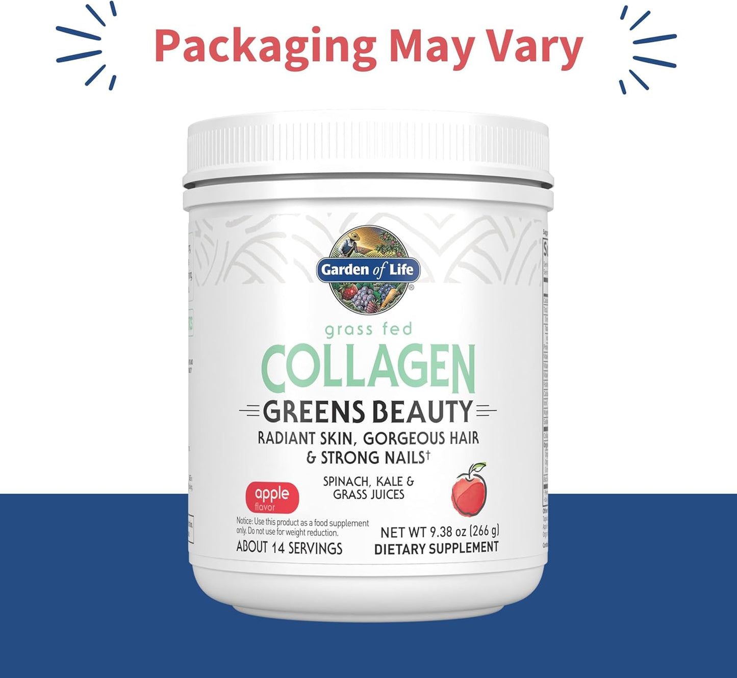 Grass Fed Collagen Greens Beauty Powder - Apple, 14 Servings, Collagen Powder for Women Skin Hair Nails Joints, Collagen Peptides Powder, Collagen Protein + Greens, Collagen Supplement
