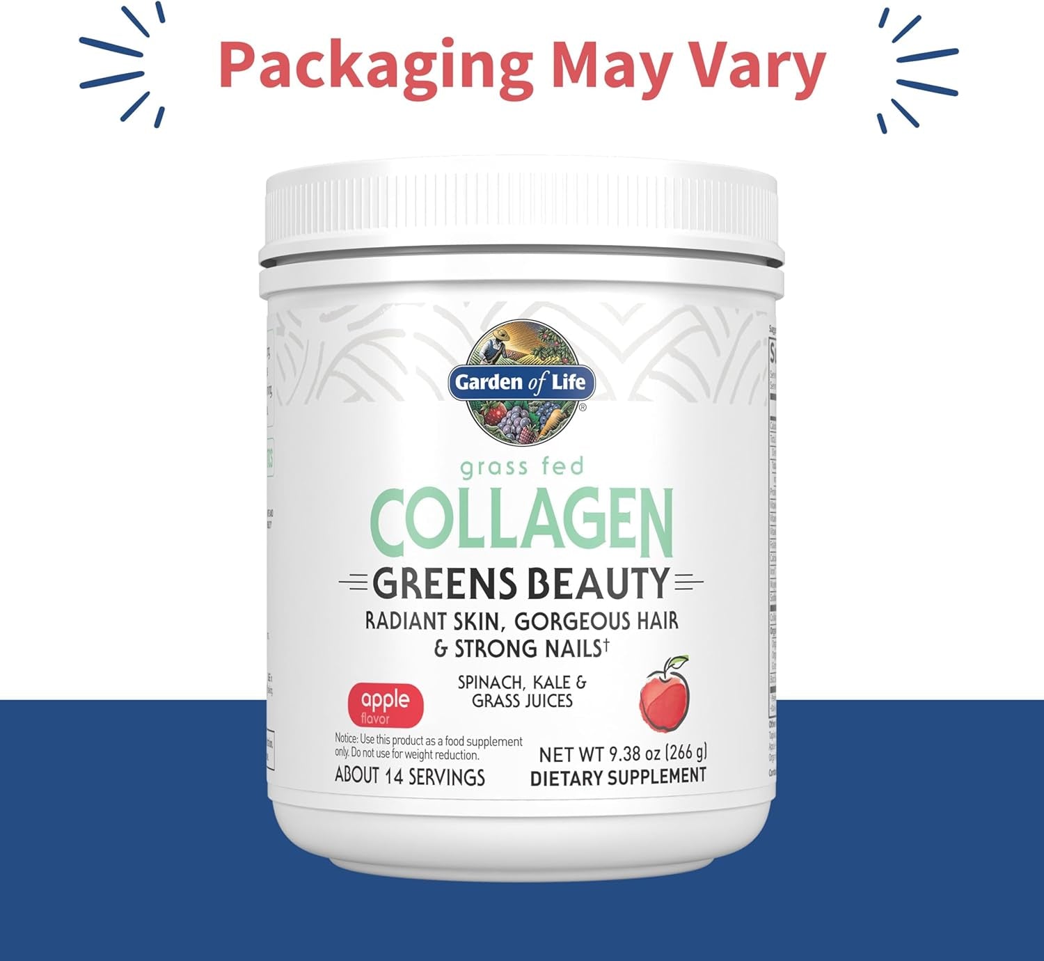 Grass Fed Collagen Greens Beauty Powder - Apple, 14 Servings, Collagen Powder for Women Skin Hair Nails Joints, Collagen Peptides Powder, Collagen Protein + Greens, Collagen Supplement