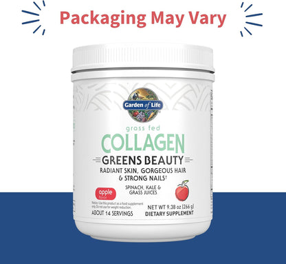 Grass Fed Collagen Greens Beauty Powder - Apple, 14 Servings, Collagen Powder for Women Skin Hair Nails Joints, Collagen Peptides Powder, Collagen Protein + Greens, Collagen Supplement