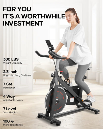 Exercise Bike Indoor Cycling Bike with 300Lbs Big Seat Cushion for Home Cardio Leg Workout