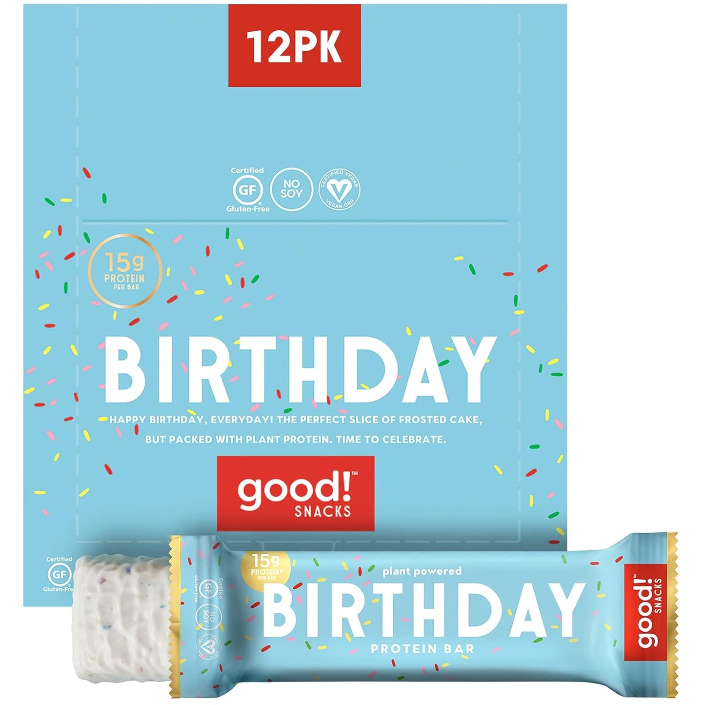 Snacks Birthday Cake Vegan Protein Bar, Soy & Gluten Free, Plant Based, Low Sugar, 15G Clean Protein, Natural Healthy Superfood Snack, Kosher Friendly, for Athletes & Active Lifestyles, 12 Bars