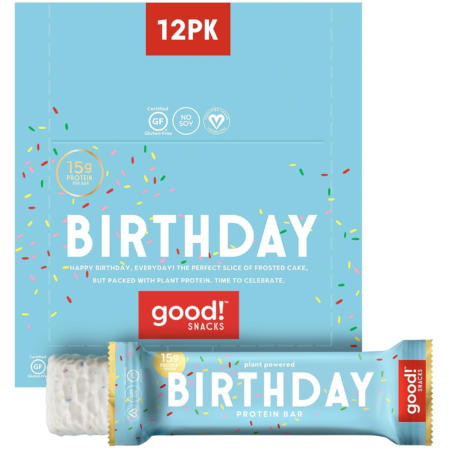 Snacks Birthday Cake Vegan Protein Bar, Soy & Gluten Free, Plant Based, Low Sugar, 15G Clean Protein, Natural Healthy Superfood Snack, Kosher Friendly, for Athletes & Active Lifestyles, 12 Bars