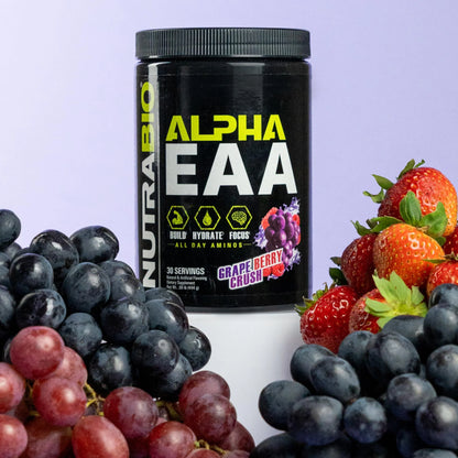 Alpha EAA - All-Day Aminos - Recovery, Energy, Focus, and Hydration Supplement - Full Spectrum EAA BCAA Matrix, Electrolytes, Nootropics, Coconut Water - 30 Servings - Grape Berry Crush