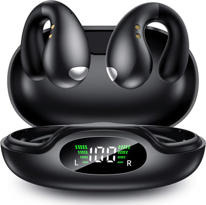 Open Ear Clip Wireless Earbuds Bluetooth 5.3, Sports Earphones Bone Conduction Over-The-Ear Headphones, Wireless Charging Case & Display, Waterproof Fitness Headphones