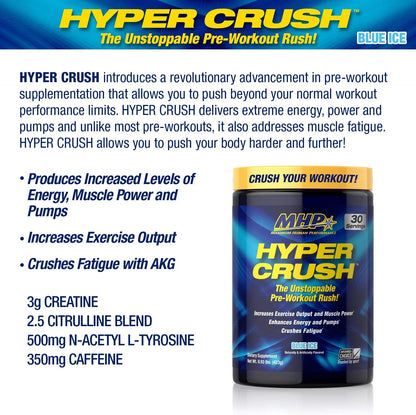 Hyper Crush Pre-Workout Powder – Energy, Pumps & Fatigue Support – 3 G Creatine, Citrulline, 350 Mg Caffeine – Blue Ice, 30 Servings