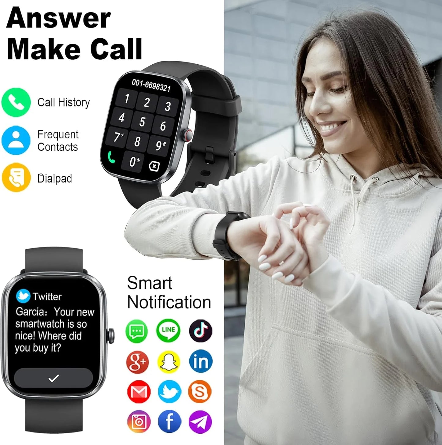 Smart Watch(Answer/Make Call), 1.91" Smartwatch for Men Women, 110+ Sport Modes, Heart Rate/Sleep/Spo2 Monitor, IP68 Waterproof, Pedometer, HD Touchscreen, Activity Tracker for Android Ios