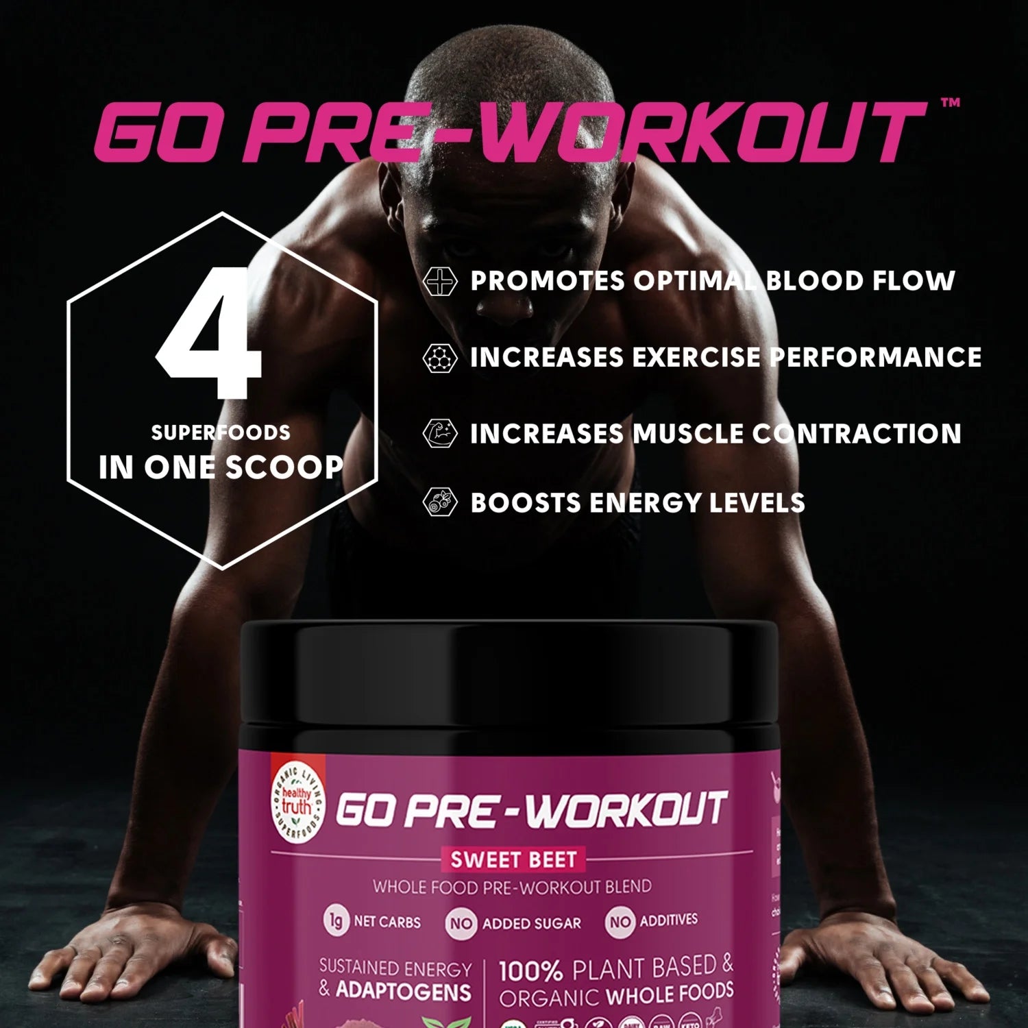 Go Pre-Workout Sweet Beet - Wholefood Pre-Workout Blend for Clean Sustained Energy with Adaptogens, 13.75 Oz