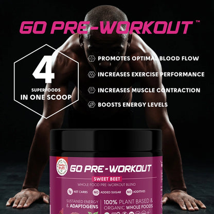 Go Pre-Workout Sweet Beet - Wholefood Pre-Workout Blend for Clean Sustained Energy with Adaptogens, 13.75 Oz