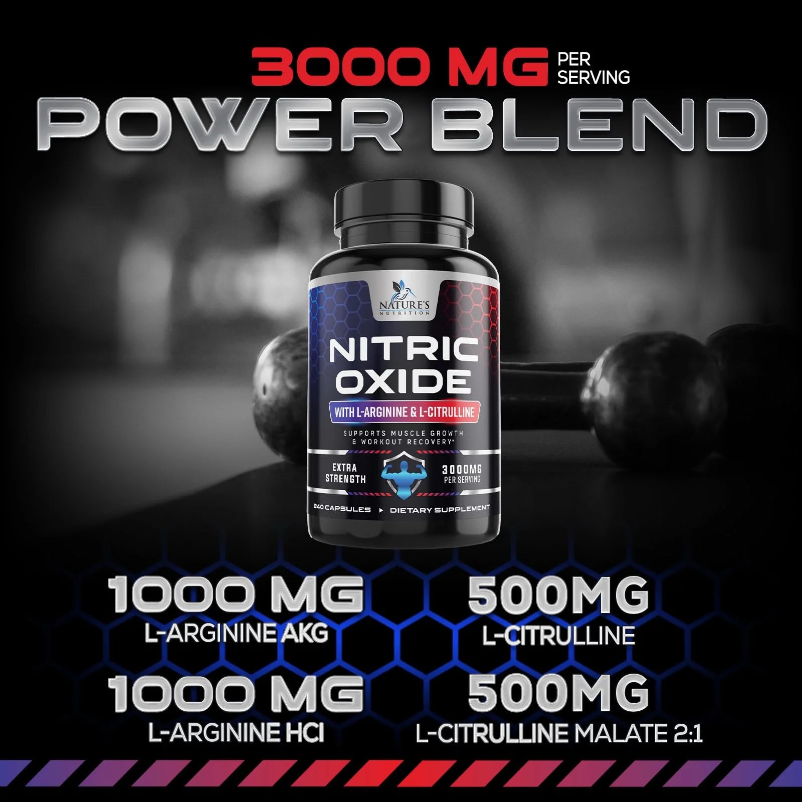 Nitric Oxide Booster Extra Strength 3000Mg - L Arginine 3X Strength Nitric Oxide Supplements for Men and Women, Citrulline, Supports Muscle, Heart Health & Energy Supplement, Non-Gmo - 240 Capsules