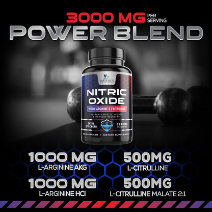 Nitric Oxide Booster Extra Strength 3000Mg - L Arginine 3X Strength Nitric Oxide Supplements for Men and Women, Citrulline, Supports Muscle, Heart Health & Energy Supplement, Non-Gmo - 240 Capsules