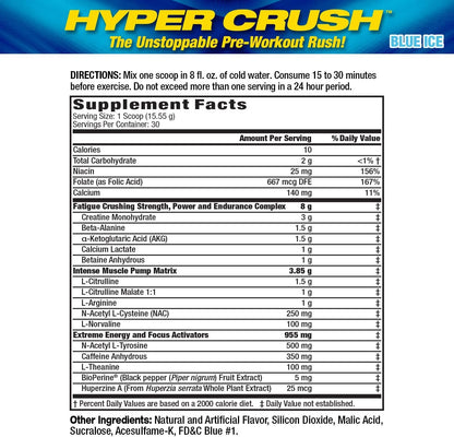 Hyper Crush Pre-Workout Powder – Energy, Pumps & Fatigue Support – 3 G Creatine, Citrulline, 350 Mg Caffeine – Blue Ice, 30 Servings